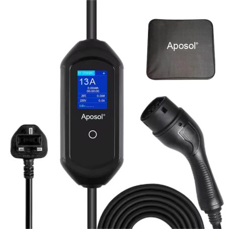 Portable EV charger with digital display, cable, and plug for electric vehicles.