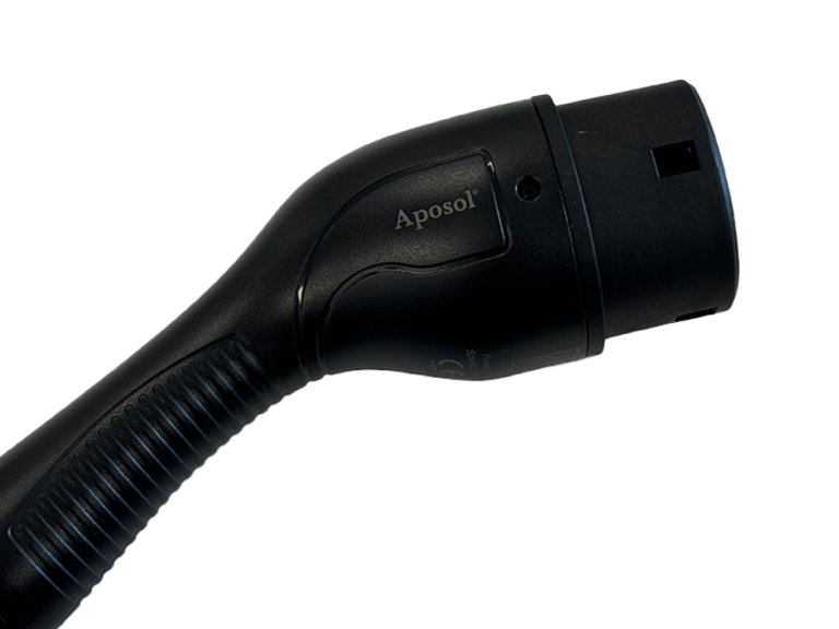 Type 2 EV charger connector, 3.3 kW capacity, black ergonomic design for electric vehicle charging.