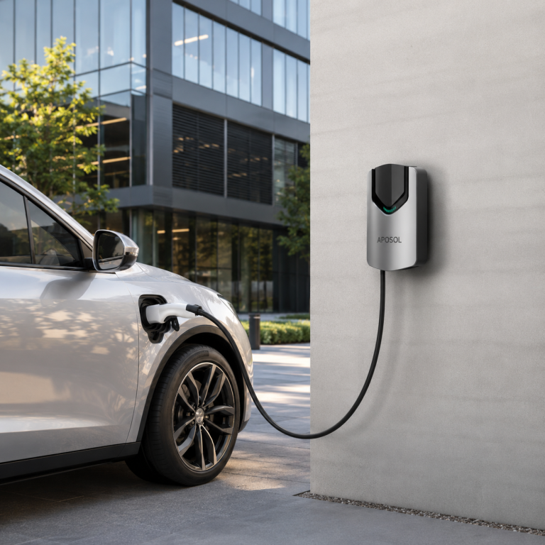 An image depicts an electric vehicle (EV) charging, utilizing the Aposol charging cable plugged into the car's port. Another image provides a front and side view of a portable EV charger control box with dimensions labeled, showcasing Aposol's dedication to renewable energy solutions.
